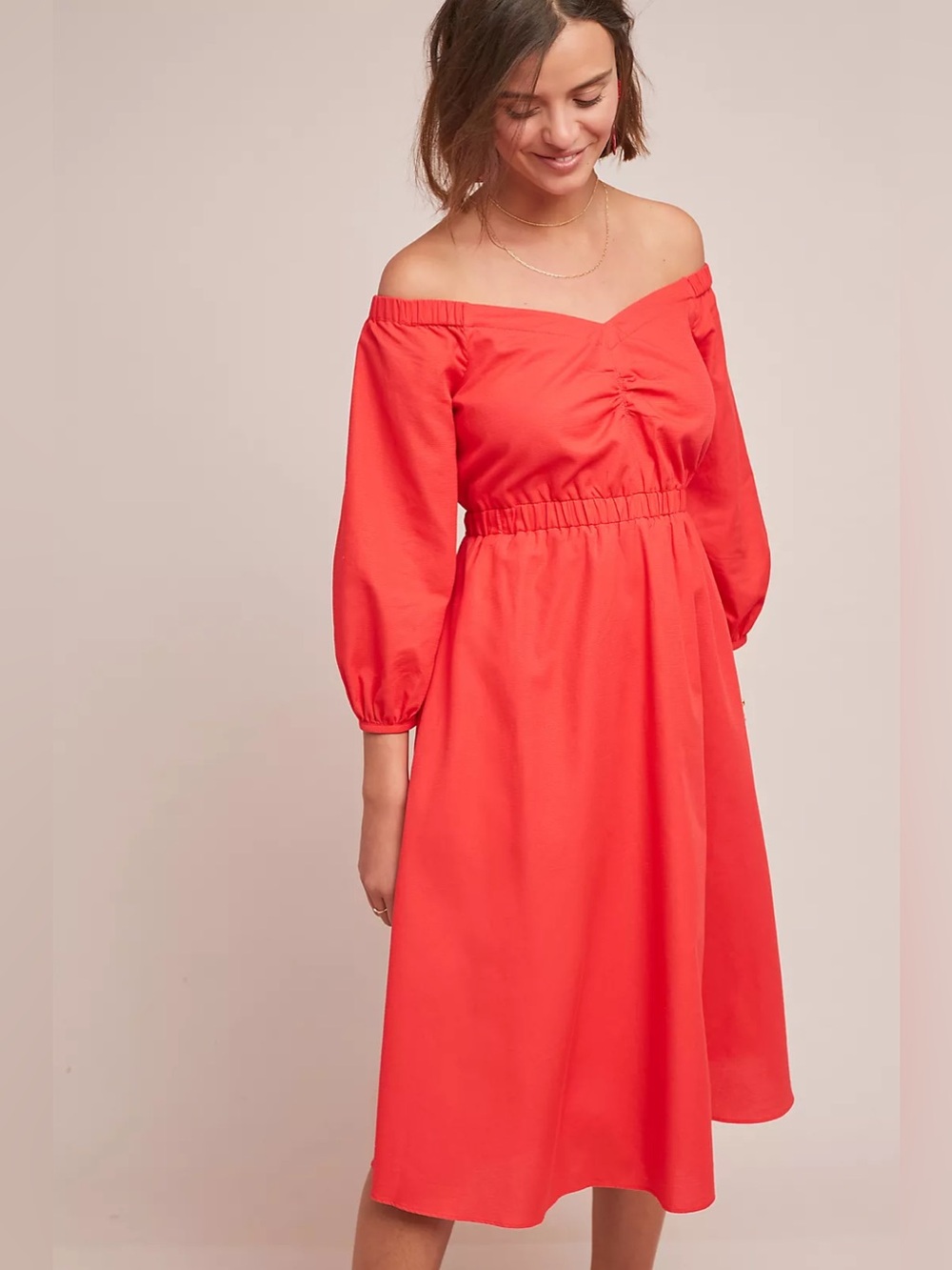 Anthropologie Women’s Size 6 Coral Cotton “Klara” Off-Shoulder Midi Dress